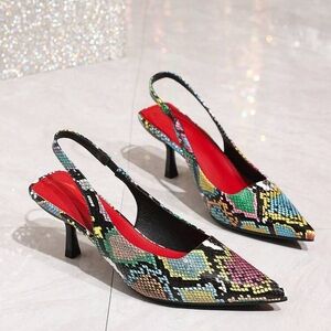 DESIGNER INSPIRED Multicolored Snake Print Slingback Pump- Size 6/3.25 Heel